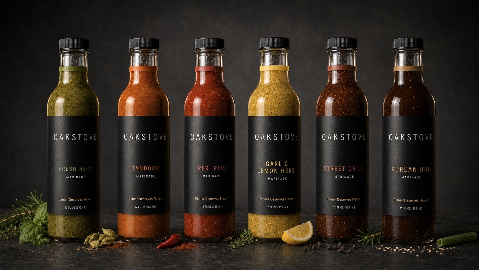 OAKSTOVE marinade family portrait — Fresh Herb, Tandoor, Peri Peri, Garlic Lemon Herb, Street Grill, and Korean BBQ