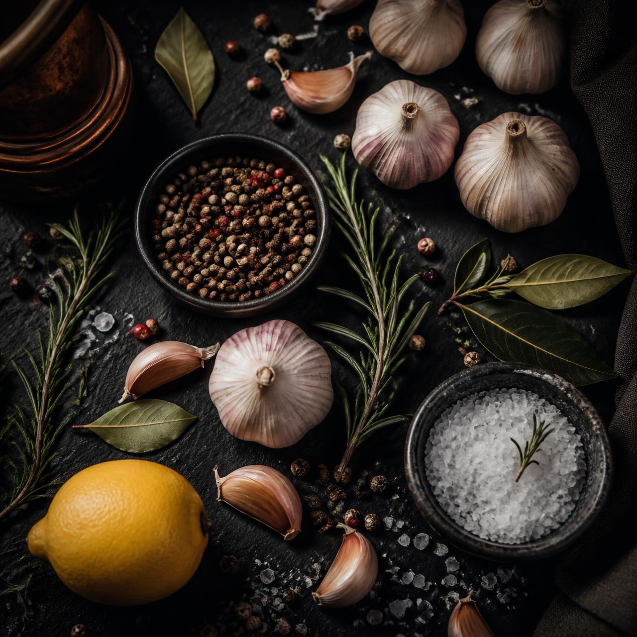 Fresh garlic, peppercorns, salt and lemon